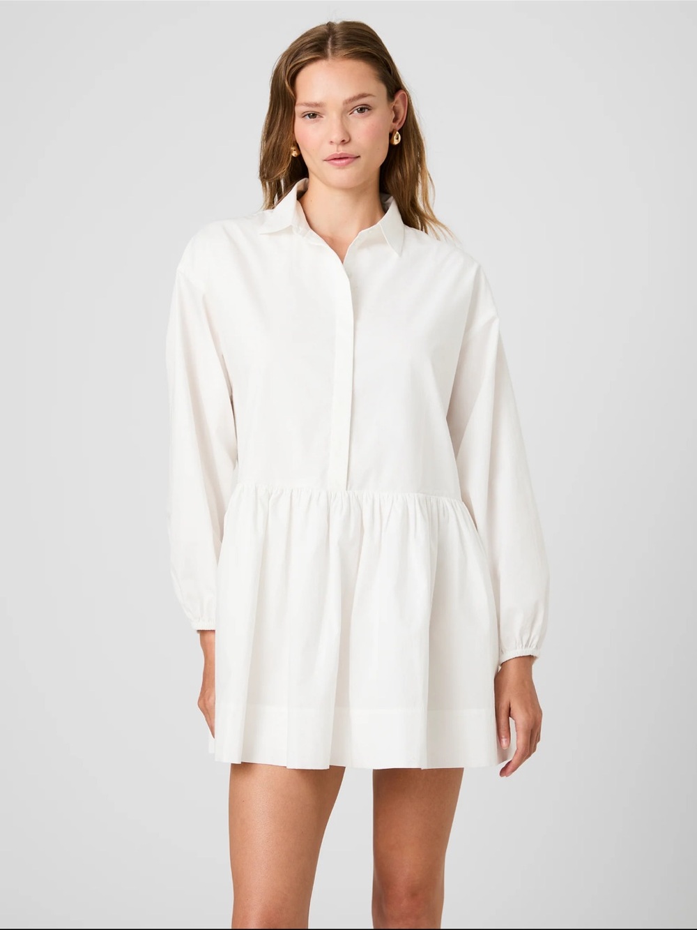 French Connection Cambria Cotton Flare White Long-Sleeve Mini Shirt Dress